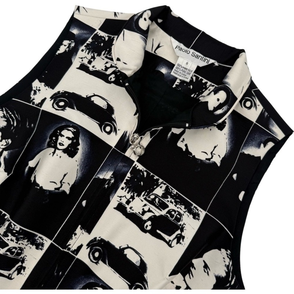 PAOLO SANTINI 6 Vest Black White Silk Graphic Vintage Car Portrait Noir Zip Up